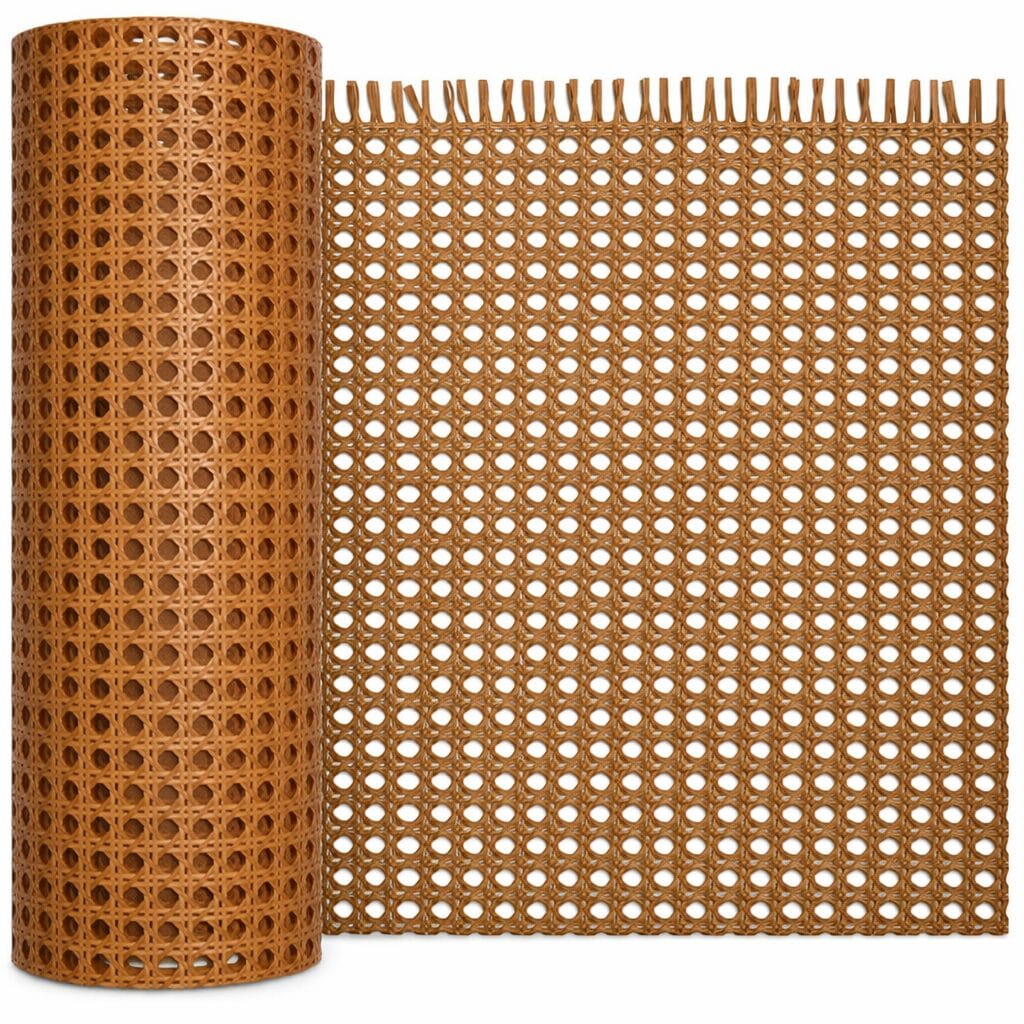 Plastic Rattan Cane Webbing Roll partially unrolled showing grid‑like woven mesh for furniture repair.