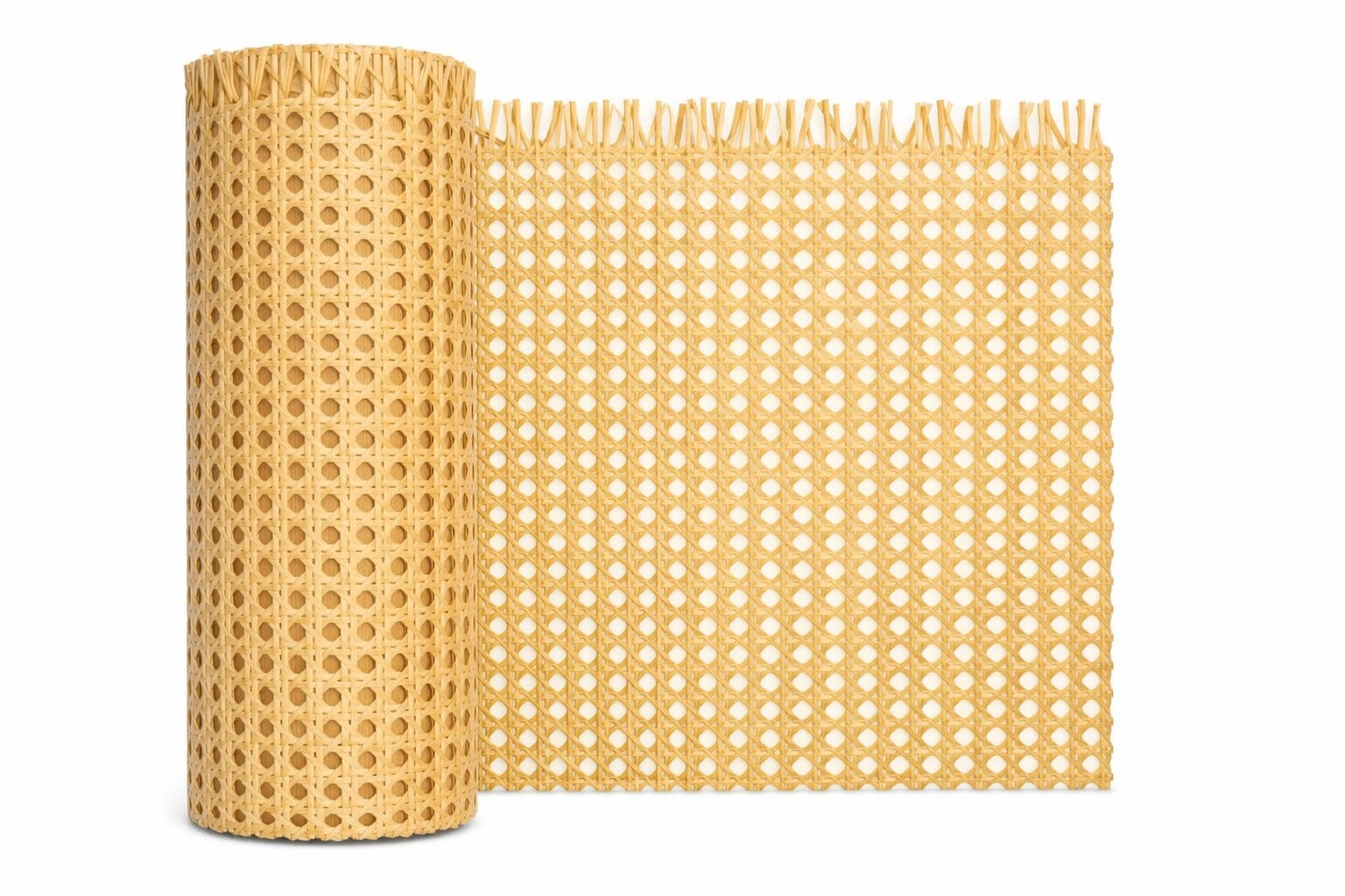 Plastic Rattan Cane Webbing Roll partially unrolled showing grid‑like woven mesh for furniture repair.