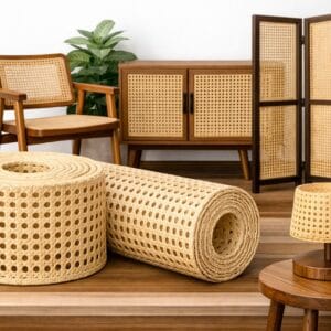 Plastic Rattan Cane Webbing Roll used in furniture — chair seat, cabinet doors, and decorative lamp.