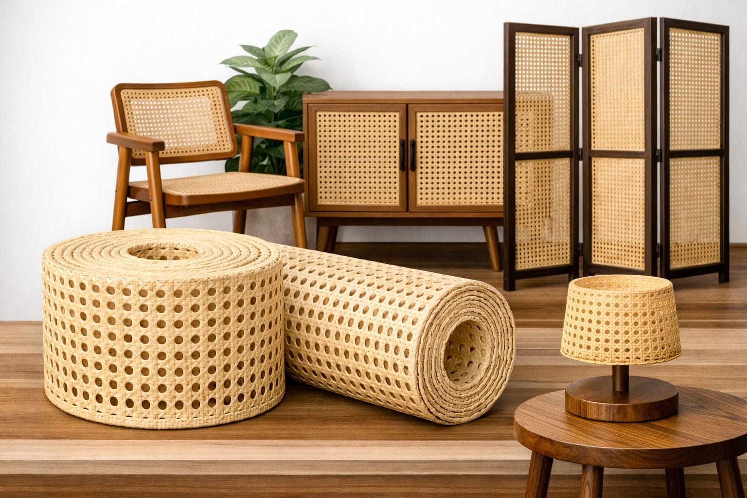 Plastic Rattan Cane Webbing Roll used in furniture — chair seat, cabinet doors, and decorative lamp.